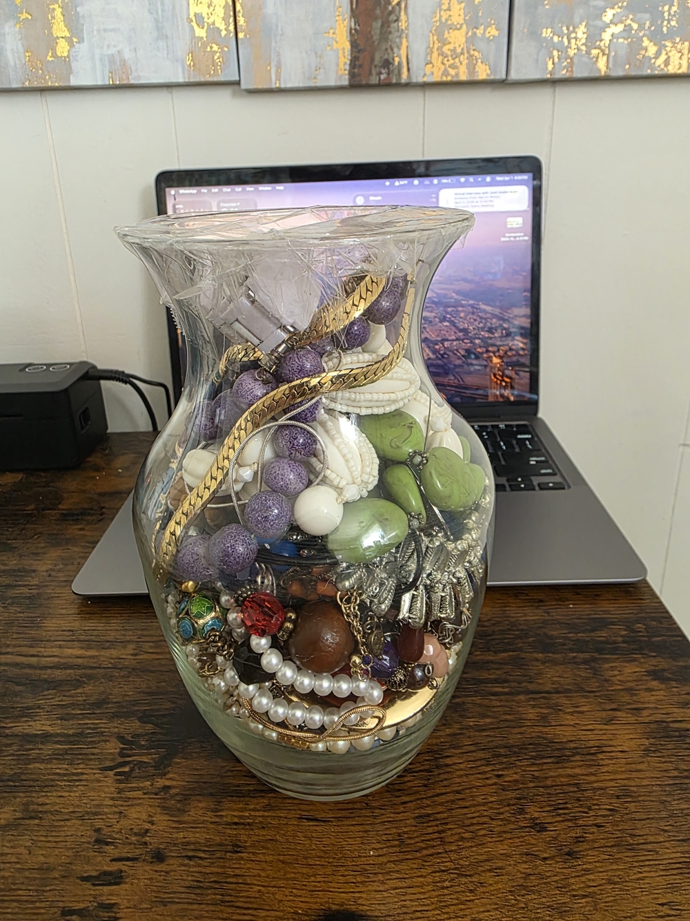 Glass Vase Filled with Assorted Jewelry - Purple, Green, White, Gold